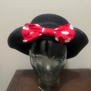 Disney World Minnie Mouse Black Straw Fedora Hat Red White Polka-dot Bow
